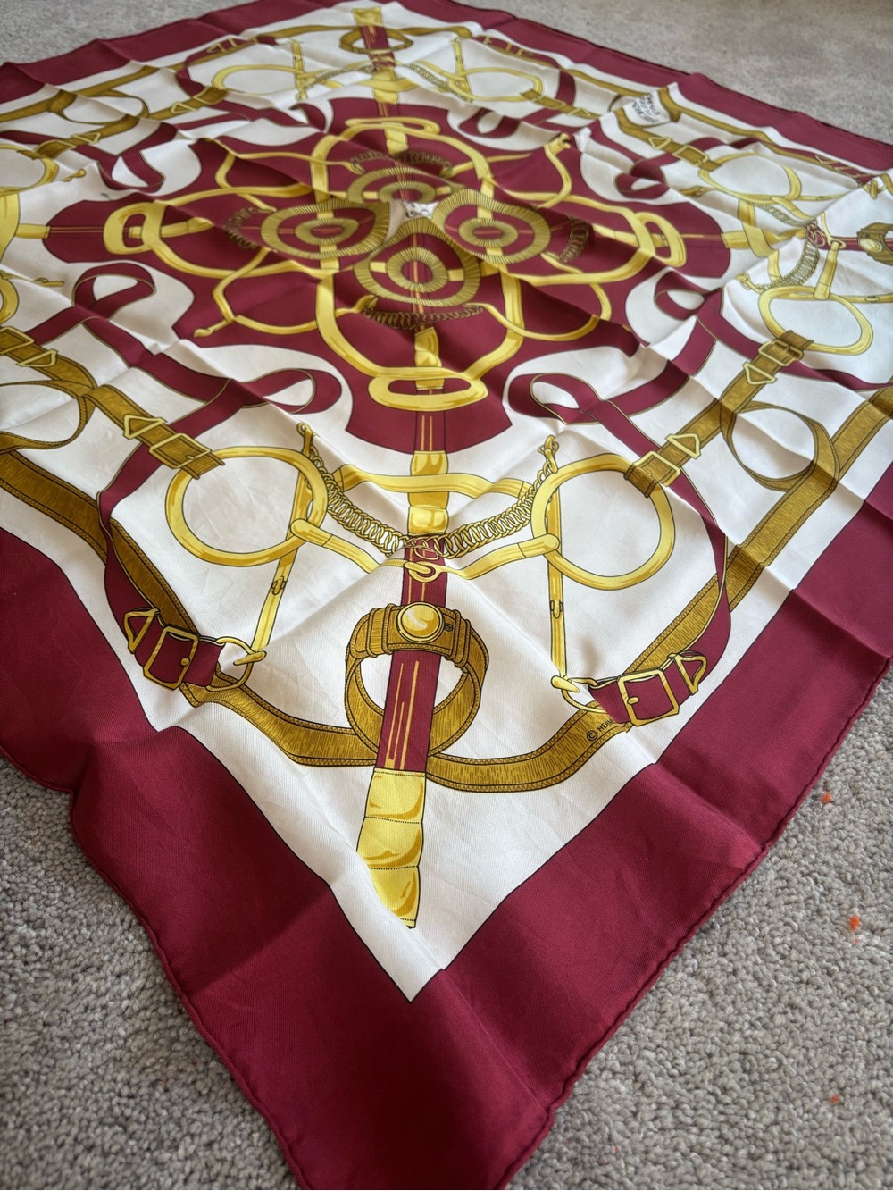 Hermes Silk Scarf in Burgundy, White and GoldAuthentic HERMES Scarf "Eperon D'or